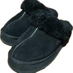 UGG Black Suede Shearling Cuff Slip-On Slippers